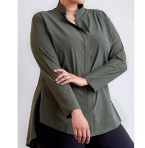 ADAY Something Borrowed long-sleeve tunic top olive green mandarin collar L